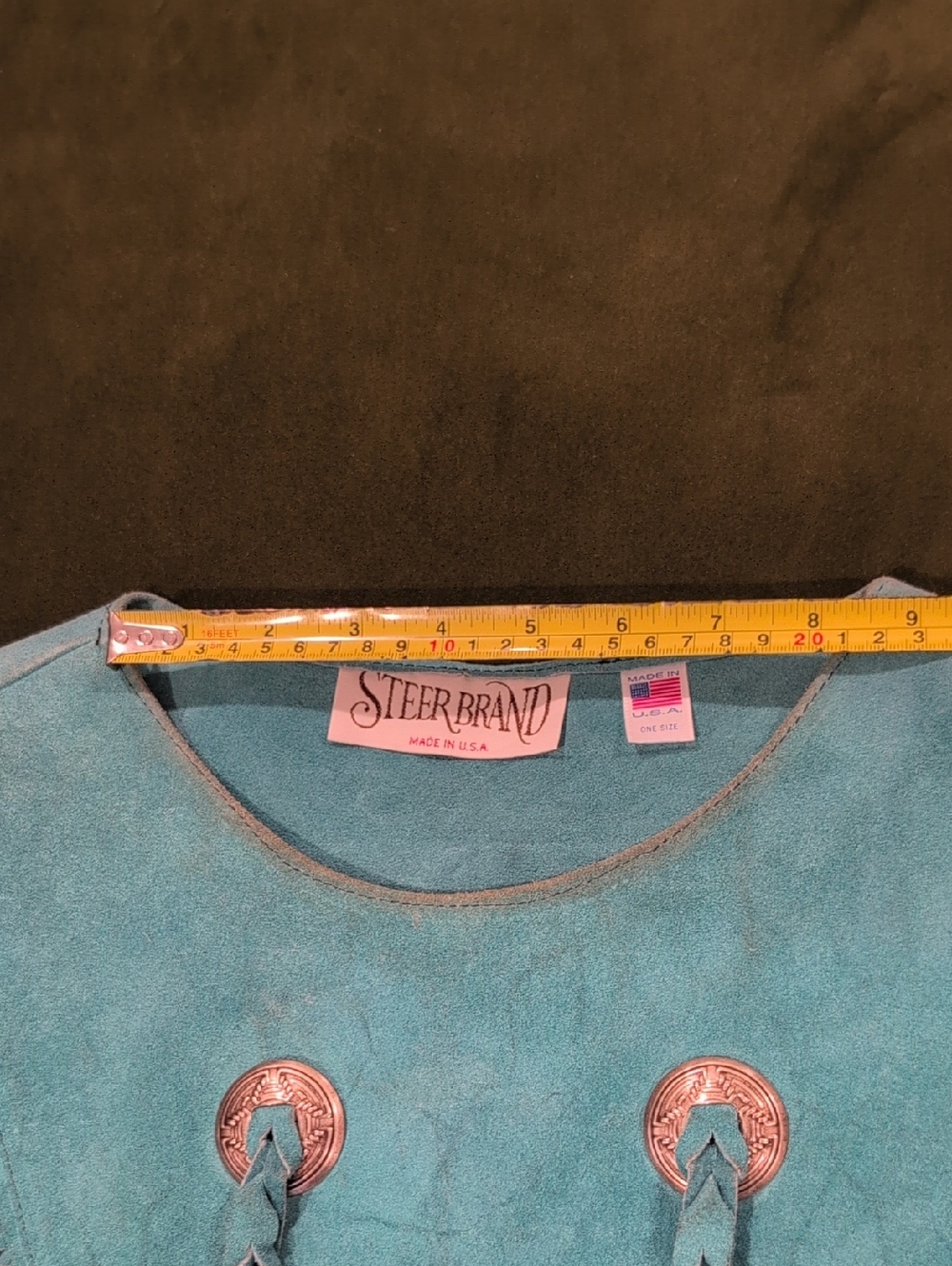 Vintage Steer Brand Teal Suede Fringe Cape with Conchos - Boho Western Statement - Picture 14 of 16